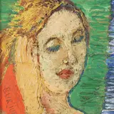 David Burliuk, Portrait of Woman Resting Head in Hand, bas-relief sculpted plaster and oil paint on Masonite