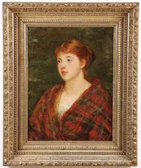 Thomas Alexander Ferguson Graham, Portrait of Young Woman in Plaid Shawl, Oil on canvas