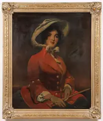 Samuel Seeberger, Woman with Red Jacket, Bonet and Riding Crop, Oil on wood board