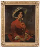 Samuel Seeberger, Woman with Red Jacket, Bonet and Riding Crop, Oil on wood board