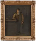 Phillip “Phiz” Muhr, Interior Scene with Man and Cat, Oil on canvas