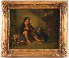 British School, Boy Playing Violin with Dog, Oil on canvas