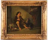 British School, Boy Playing Violin with Dog, Oil on canvas