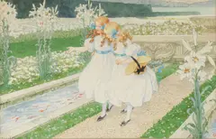 Élisabeth Sonrel, Two Girls near Koi Pond Amidst Lillies, Watercolor and gouache over pencil