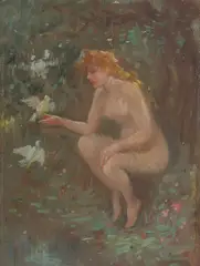 Frederick Stuart Church, Nude with Doves in Landscape, Oil on wood panel