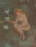 Frederick Stuart Church, Nude with Doves in Landscape, Oil on wood panel