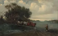 F. Peyraud, Expansive Landscape with Figures Fording a Stream with Lumber, Oil on canvas