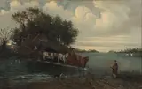 F. Peyraud, Expansive Landscape with Figures Fording a Stream with Lumber, Oil on canvas