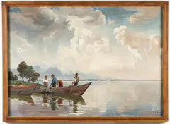 Erwin Kettemann, Fishermen in a Boat on Lake Chiemsee, Oil on canvas