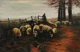 Thomas Fitch, A Shephard Moving Sheep, Oil on canvas laid down