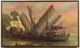 A. Hasim, Sumatra Twilight Scene with Boats at Dock, Oil on canvas
