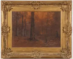 John Elwood Bundy, Autumn Glow, Charcoal, watercolor and gouache on paper laid on canvas
