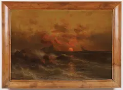 John Hammerstad, Sailing Ship off Rocky Coast at Sunet, Oil on canvas