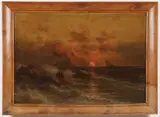 John Hammerstad, Sailing Ship off Rocky Coast at Sunet, Oil on canvas
