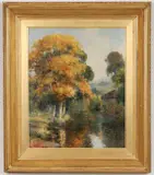Charles James Fox, Bucolic Autumn Landscape with Sheep Grazing Near Stream, Oil on canvas