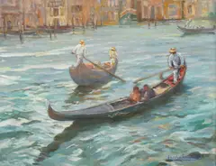 Sascha Lautman, Gondolas on the Grand Canal - Venice, Oil on canvas