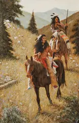 R Landis, Two Indians on Horseback, Oil on canvas