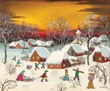 Alfred Wierusz-Kowalski, Winter Village Scene, Oil on canvas