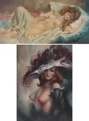 Richard Kishady, A Reclining Nude and a Nude with Feather Hat, Oil on artist board