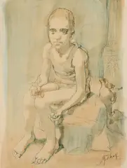 Conger Metcalf, Seated Boy Holding Plumbs, Graphite and oil wash on coated paper