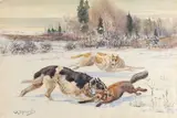 Dogs Attacking Wolf in Winter Landscape by Alexander Sergeevich Khreno & Hrenov, Watercolor on paper, sold Apr 2026