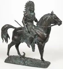 Vasyl Korchovy, Indian on Horseback with Feather Bonnet, Bronze with dark brown and green patina