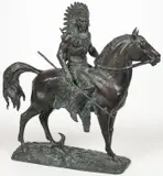 Vasyl Korchovy, Indian on Horseback with Feather Bonnet, Bronze with dark brown and green patina