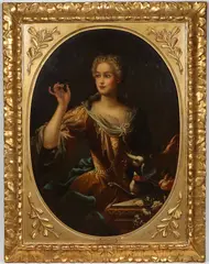 Jean-Marc Nattier, A Woman with her Dog Admiring a Ring, Oil on canvas