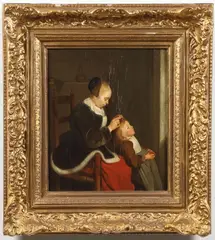Mother Combing a Childs Hair by Gerard ter Borch, Oil on chamfered oak wood panel, sold Apr 2026