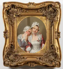 Jean-Baptiste Greuze, The Young Maidservants, Oil on wood canvas in feigned oval