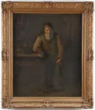Phillip “Phiz” Muhr, Interior Scene with Man and Cat, Oil on canvas