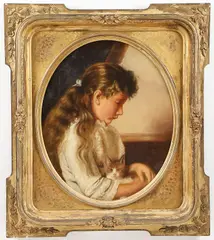 E.M. Price, Girl with Kitten, Oil on canvas