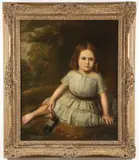 American & English School, Seated Young Girl with Sausage Curls, Oil on canvas laid down