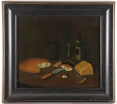 American Primitive School, Still Life with Bread, Wine and Cheese, Oil on canvas mounted on board