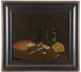 American Primitive School, Still Life with Bread, Wine and Cheese, Oil on canvas mounted on board