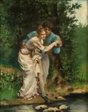 Édouard Darviot, Crossing the Stream, Oil on paper laid down on wood panel