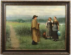 A. R. Nicholson, Brittany Scene with Shepherd Boy and Water Gatherers, Oil on canvas