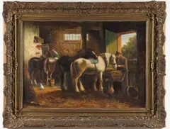 British School, Stable Scene with Horses, Oil on canvas