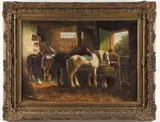 British School, Stable Scene with Horses, Oil on canvas