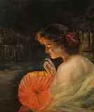 Delphin Enjorlas, A Beauty with Glowing Lantern on the River, Oil on canvas