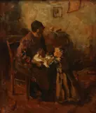 Jacob Simon Hendrik Kever, Interior Scene with Mother and Child, Oil on canvas laid down