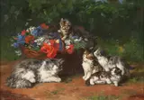 European School, A Mother Cat with Kittens, Oil on canvas