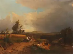 Italian School, Expansive Landscape with Cart and Goats, Oil on canvas