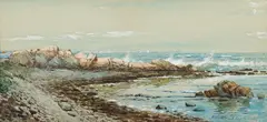 Seascape with Crashing Waves on Rocky Shoreline & Fisherman by Edmund Darch Lewis, Watercolor and gouache, sold Apr 2026