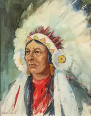 Edwin John Bruns, Portrait of a Plains Chief Wearing Feather Bonnet, Oil on canvas board