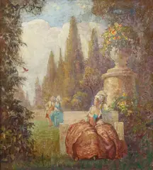 Otto Eugene Hake, Elegant Figures in an Expansive Flowering Garden, Oil on board