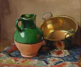 Alma Held, Still Life with Brass Bowl, Jug on Oriental Carpet, Oil on board