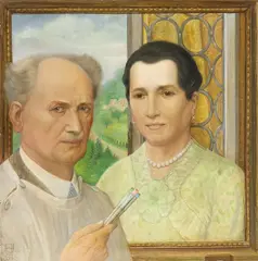 German School, Artist Self Portrait Holding Brushes in Front of Framed Painting, Presumably of His Wife, Oil on board