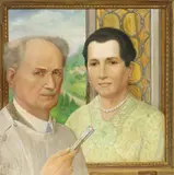 German School, Artist Self Portrait Holding Brushes in Front of Framed Painting, Presumably of His Wife, Oil on board