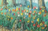 Dorothy Young Graham, Pop Art Style Spring Landscape with Rabbits and Amorous Couple in Background, Oil on masonite